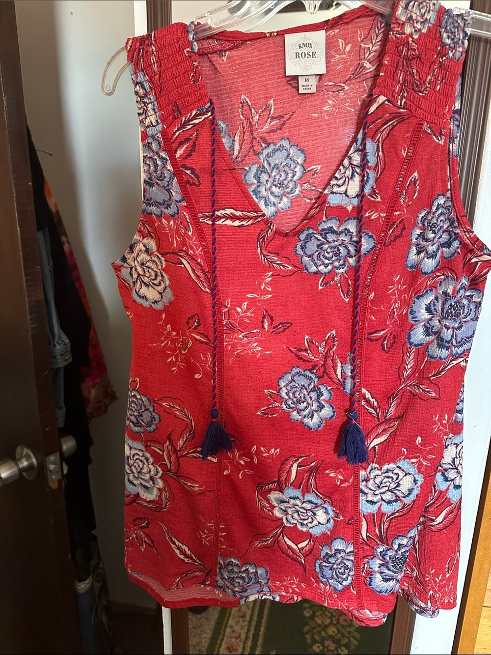 Knox Rose Red Floral Sleeveless Tunic with Navy Tassels